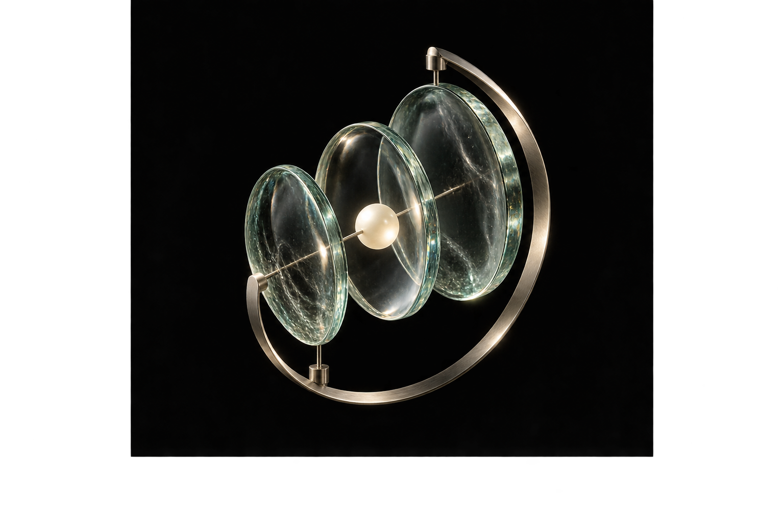 Three glass lenses aligned around a luminous centre: an artistic interpretation of evidence coming into focus.